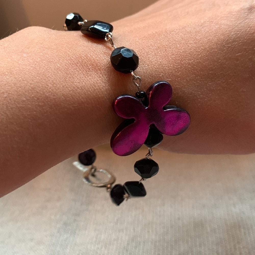 ✨ Handmade Pink Fushsia Butterfly & black beads Bracelet & Earrings Set ✨